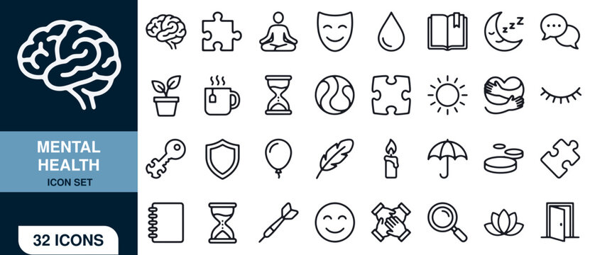 Mental Health Icon Set with 32 Outline Icons. Conceptual Illustration