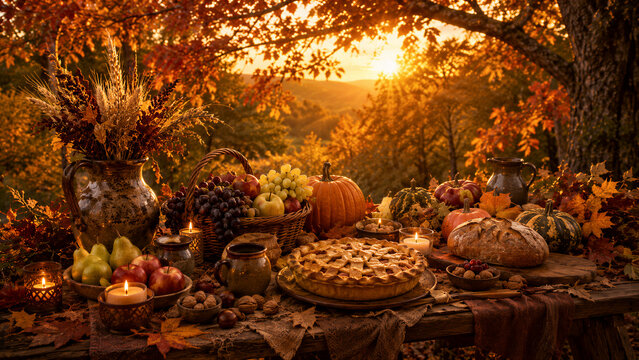 Autumn equinox harvest feast table with pumpkin pie bread fruit and candles outdoors at sunset. Mabon pagan thanksgiving celebration of abundance gratitude and seasonal tradition