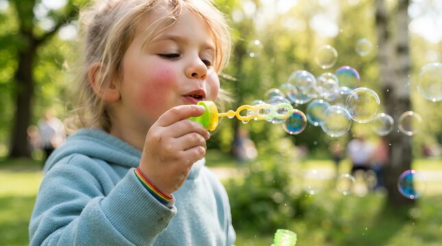 Little Child Making Many Soap Bubbles In A Sunny Green Park Outdoors In A Beautiful Day Atmosphere.