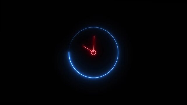 Neon clock face with glowing blue circle and red clock hands