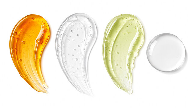 Cosmetic gel samples and liquid drop on white background.
