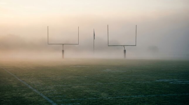 Foggy football field with twin goalposts and flagpole at misty dawn
