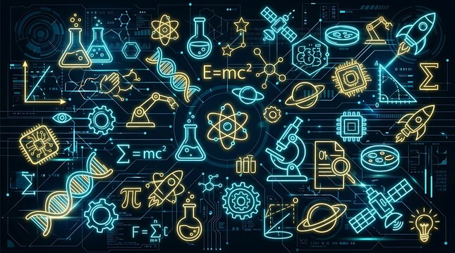 Colorful science and technology icons including chemistry astronomy and mathematics