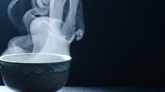 Steam rising from a handmade Korean stoneware tea bowl against a dark background