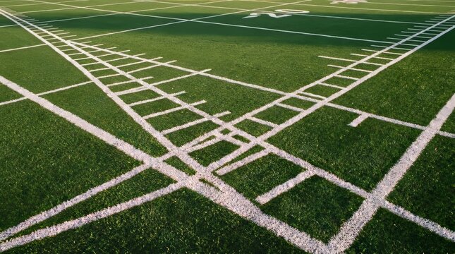 Overhead view of intersecting white yard lines on green football turf