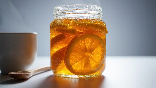 Backlit glass jar of Korean yuja citron tea preserve with translucent citrus slices