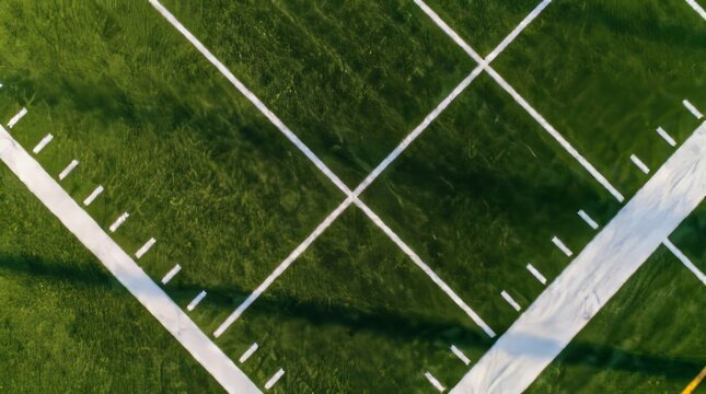 Top-down view of crossing white field lines on vibrant green grass