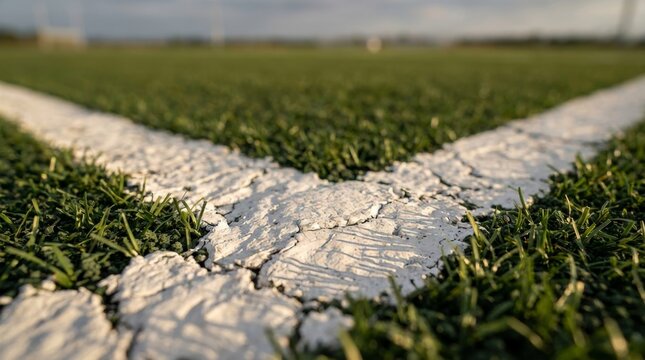 Weathered white yard line cracked across green football field grass