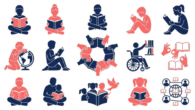Global Learning Vector Silhouette Icon Sheet, Navy Blue and Coral Diverse Readers and Hands Holding Open Books Set Isolated on White