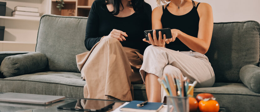 Two young female students using a laptop while sitting on a sofa at home. Student life concept with studying, teamwork, and online learning.