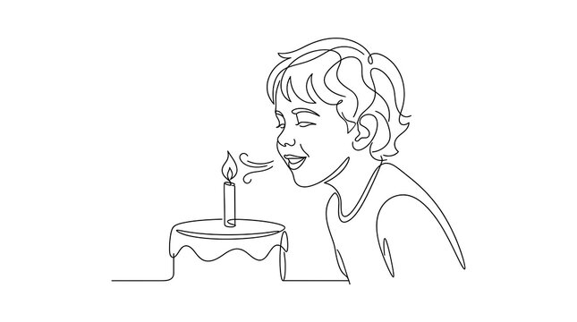 Minimalist black line drawing of a young boy blowing out a birthday candle on a cake for greeting card designs.