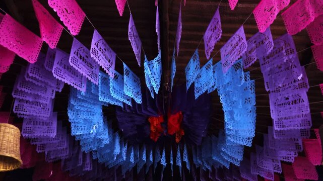 Papel picado hanging decorations in Mexico
