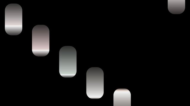 Diagonal arrangement of glossy metallic capsule shapes descending across a dark background creating a seamless looping tech motion design.