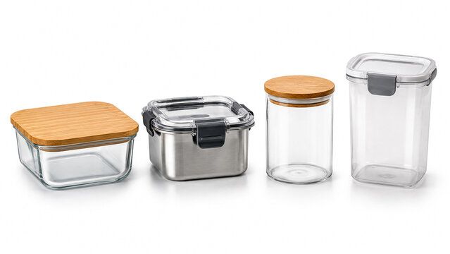 Reusable glass metal and plastic food storage containers set.