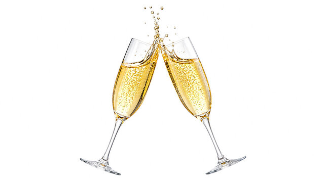 Two champagne glasses clinking with splashes on white background
