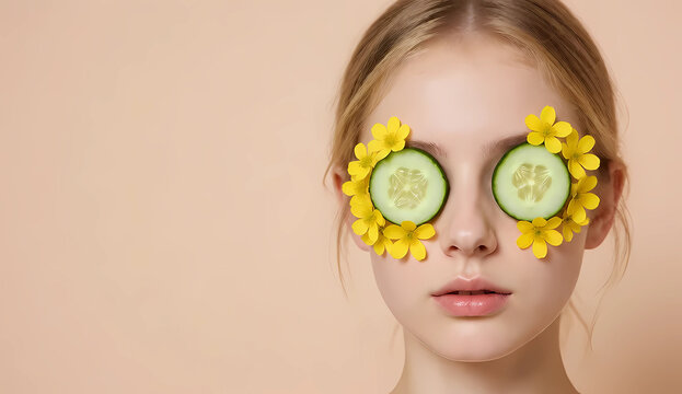 Blonde woman with surreal cucumber eye patches and yellow flowers, fairycore spa beauty concept with copy space