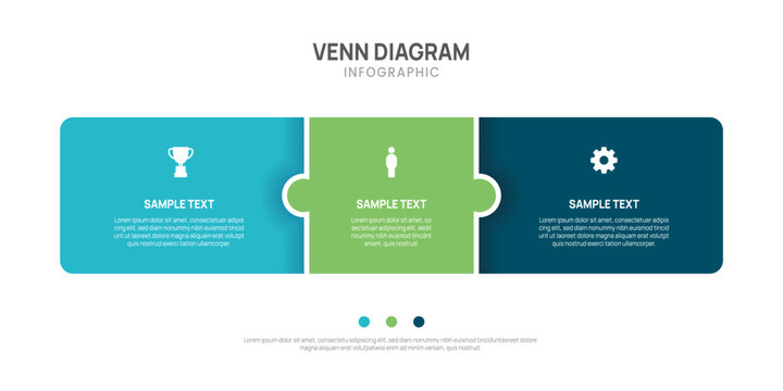 Venn diagram infographic chart template for business 3 options presentation with icon elements, 3 jigsaw puzzle steps business success.