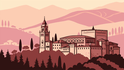 Naklejka premium Granada silhouette vector cityscape illustration with Alhambra palace landmarks