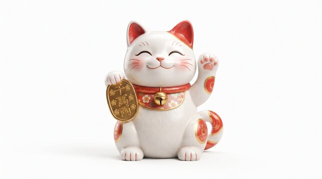Traditional Japanese Maneki neko Cat Figurine with Gold Coin and Bell