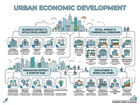 Urban economic development showcases integrated sectors like business offices retail market corridors and innovation districts promoting smart city growth