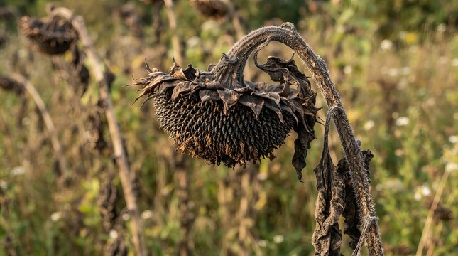 A Dried Sunflower Field in Late Autumn With Withered Heads Ready for Harvest at Sunset Near Winter.