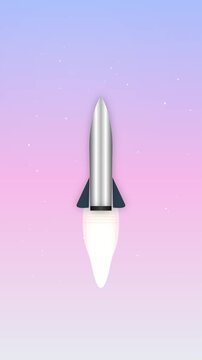 Silver space rocket launching into a colorful gradient sky