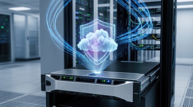Modern server with cloud security graphic, representing advanced data protection and digital infrastructure.