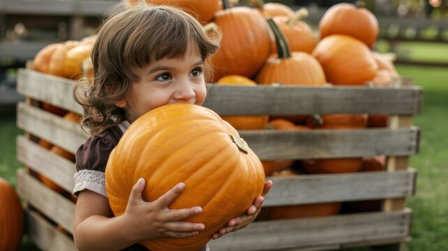 Thanksgiving Little girl hugging large orange pumpkin at outdoor autumn farm market with rustic wooden crate background during fall season USA