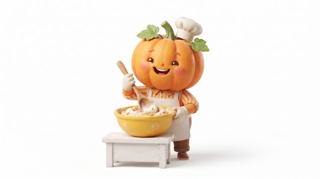 Cheerful Cartoon Pumpkin Chef Preparing Food in Kitchen