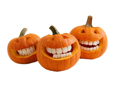Grinning orange Halloween pumpkin, carved tooth smile, isolated trio showing playful seasonal expression transparency