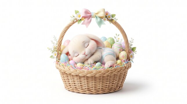 Sleeping Baby Bunny in Easter Basket with Colorful Eggs and Flowers