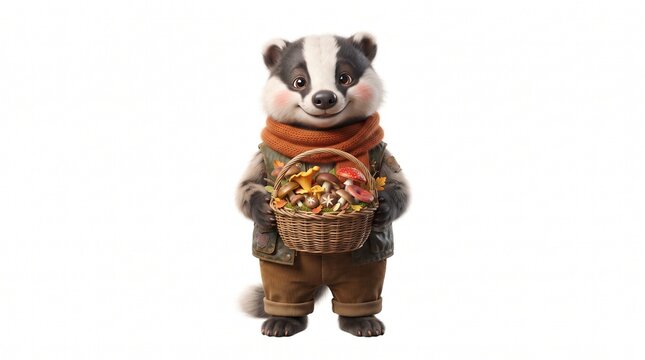 Cartoon Badger Character Holding Basket of Autumn Mushrooms