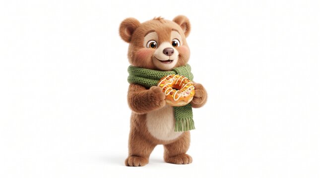Cute Cartoon Bear Holding Glazed Donut with Green Scarf