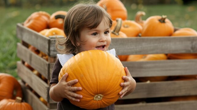 Thanksgiving Toddler girl holding big orange pumpkin in wooden crate at local farm during sunny autumn harvest day with candid smile USA