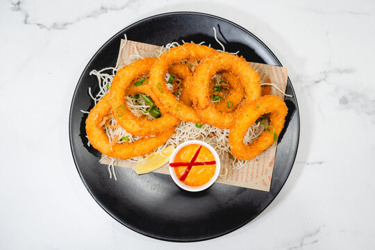Fried Calamari Served with Dipping Sauce, Top of view