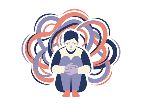 Man sitting alone feeling overwhelmed with chaotic thoughts illustration