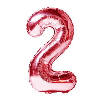 Red foil balloon in the shape of number two isolated on transparent background.