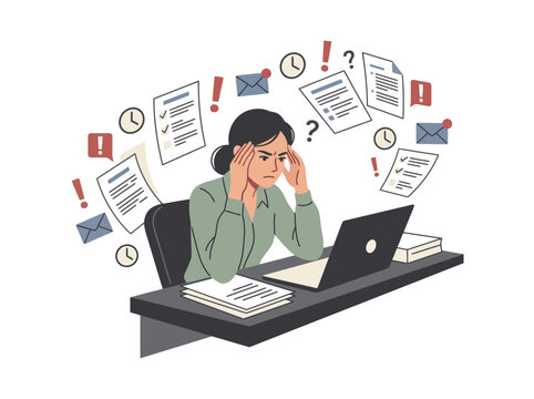 Stressed businesswoman overwhelmed by work tasks and deadlines