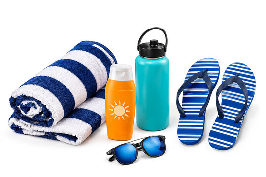 Summer beach accessories with towel sunscreen and flip flops on white background.