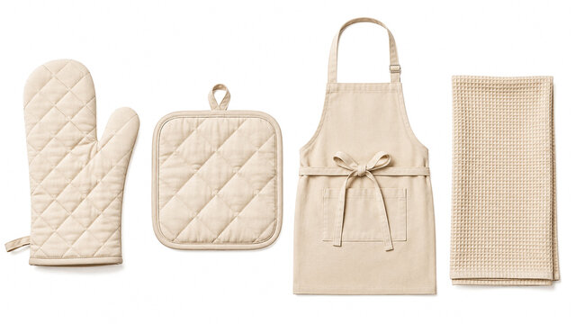 Beige kitchen textile set with oven mitt pot holder apron and towel.