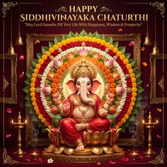 Fototapeta premium Happy siddhivinayaka chaturthi greeting card with lord ganesha with traditional oil lamps