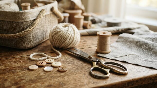 Rustic sewing supplies and materials arranged on a textured wooden table surface