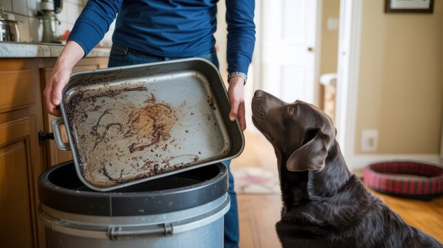 Thanksgiving Person holding dirty roasting pan over kitchen trash can while curious chocolate labrador dog watches closely for food scraps USA