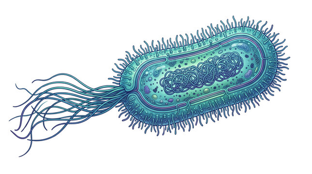 Microscopic bacteria cell with flagella, blue prokaryotic organism illustration, detailed biological microbe for medical education isolated PNG with Transparent Background