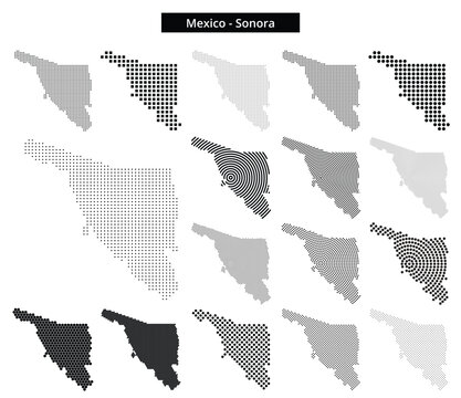 Map of Mexico region Sonora in various dots pattern designs