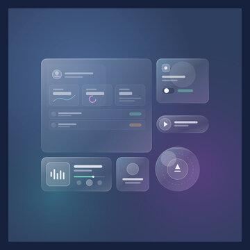 Futuristic translucent glassmorphism control panel interface design vector layout