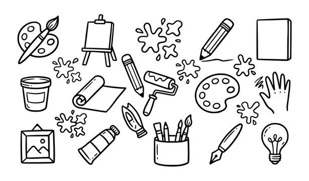 Creative art supplies and craft tools doodle set hand drawn line art vector illustration for design