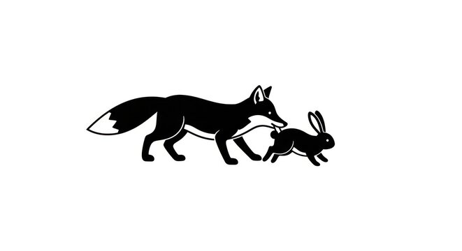 Black silhouette fox chasing little rabbit.
