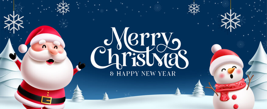 Santa Claus and Snowman Characters Christmas Banner Clipart. Merry Christmas and Happy New Year banner featuring cheerful Santa Claus and cute snowman clip art with snowy Christmas trees and hanging 