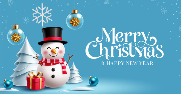 Merry Christmas Blue Winter Banner Clipart. Merry Christmas and Happy New Year banner clip art with cheerful snowman character with top hat and scarf, red Christmas gift box, snowy trees, hanging 
